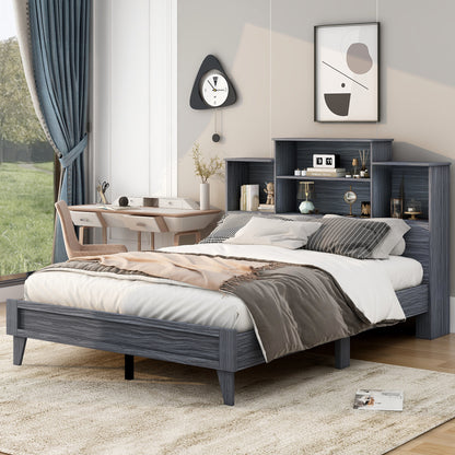 Taz Queen Size Platform Bed Frame with 4 Open Storage Shelves - Gray