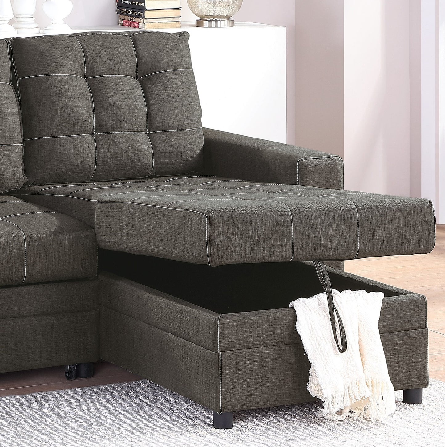 Amir Convertible Sectional Pull Out Bed Sofa Chaise Reversible Storage Chaise  - Black