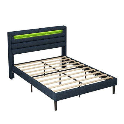 H1 Queen Size Bedframe with LED - Dark Blue