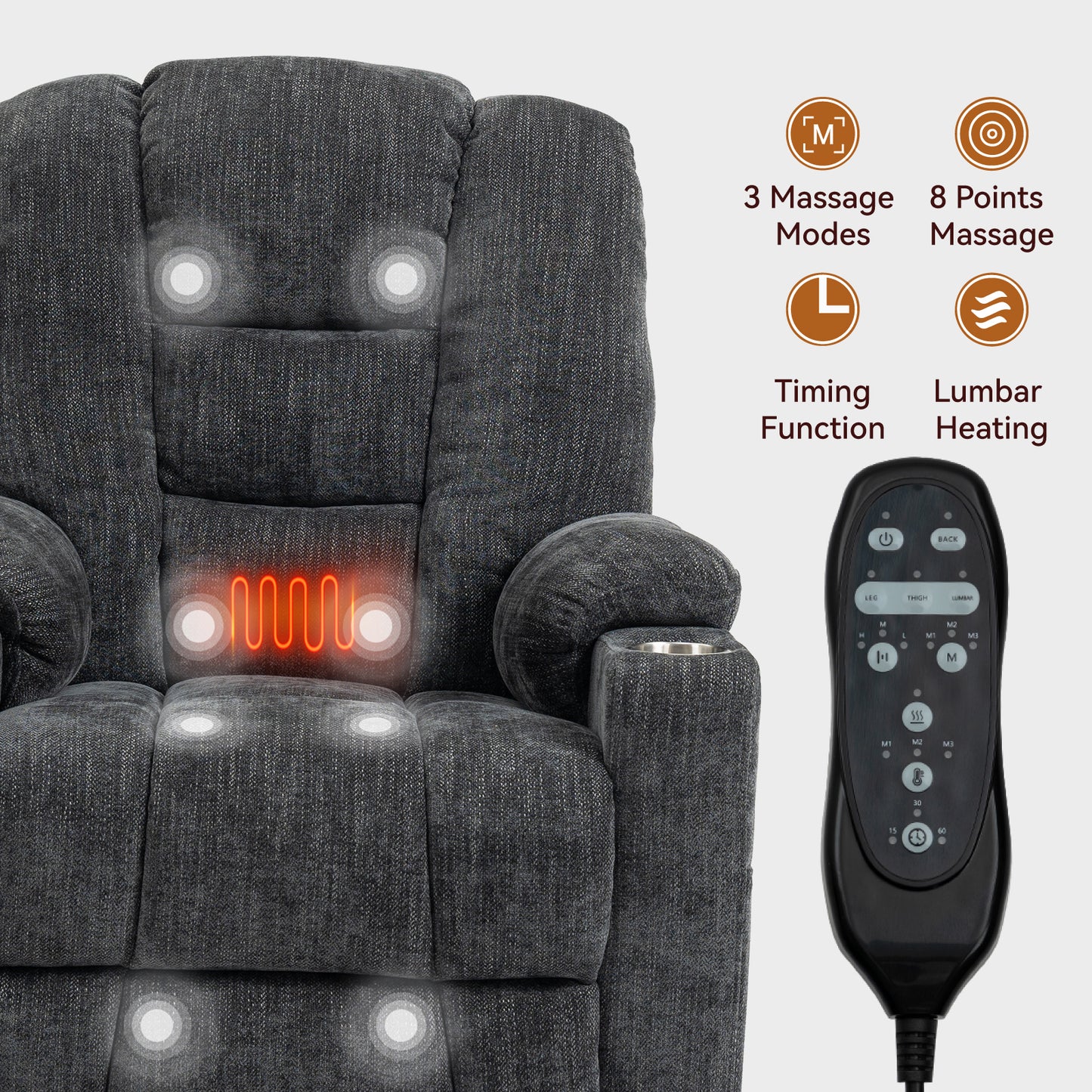 Rico Large Power Lift Recliner Chair with Heat and Massage - Gray