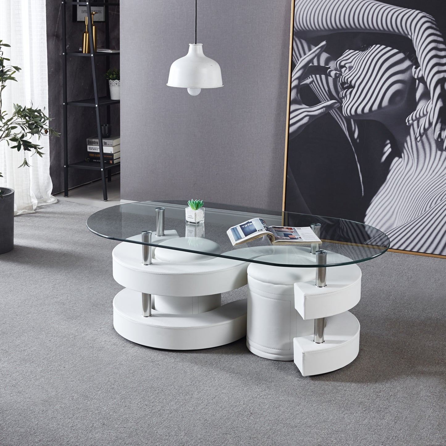 The S Coffee Table Set, Oval Tempered Glass Table and 2 Leather Stools -White