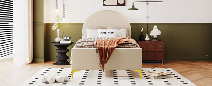 Lynn Twin Size Velvet Platform Bed w Mental Legs - Beige