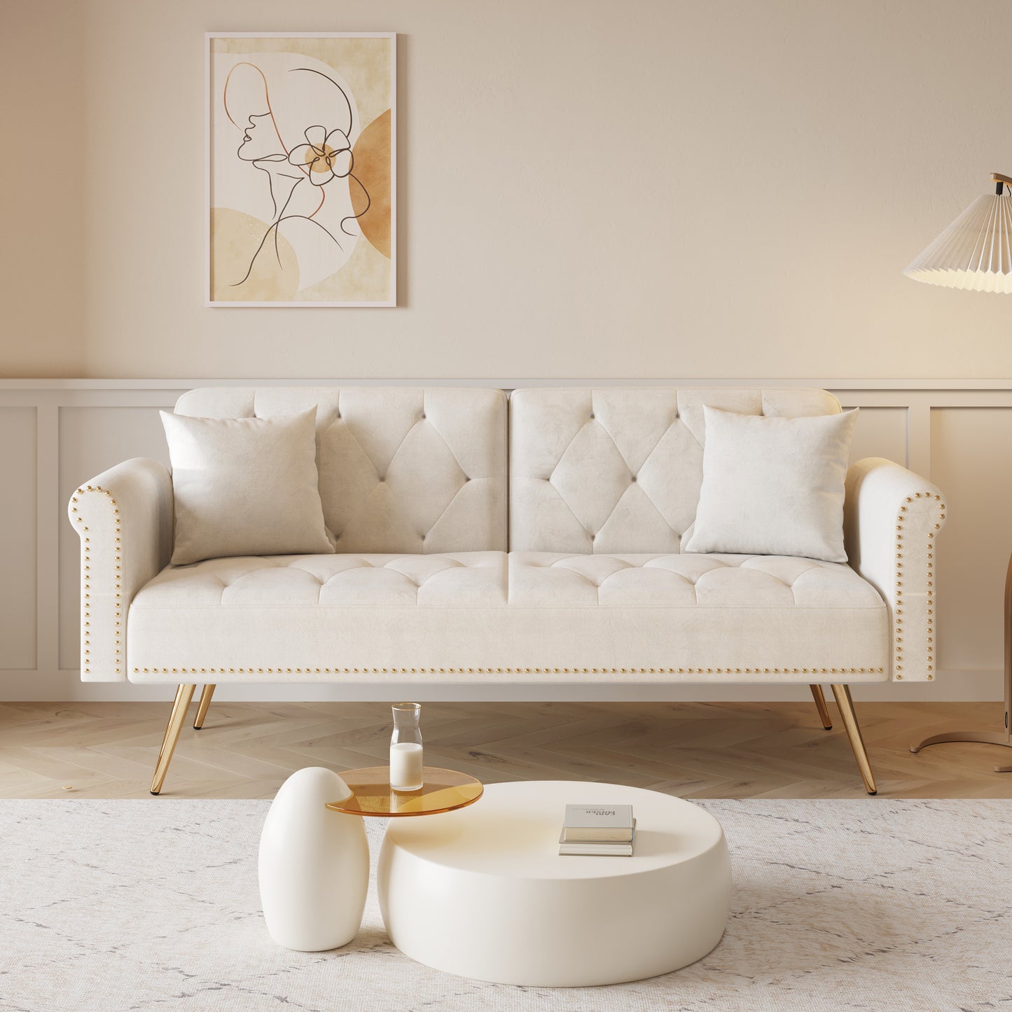 Uma Convertible Velvet Sofa Bed - Beige