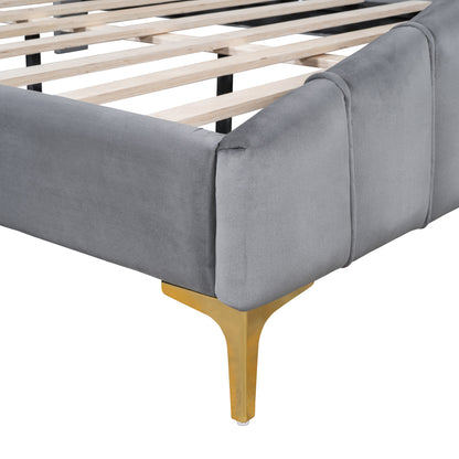 ZuZu Queen Size Velvet Platform Bed with Metal Bed Leg - Gray