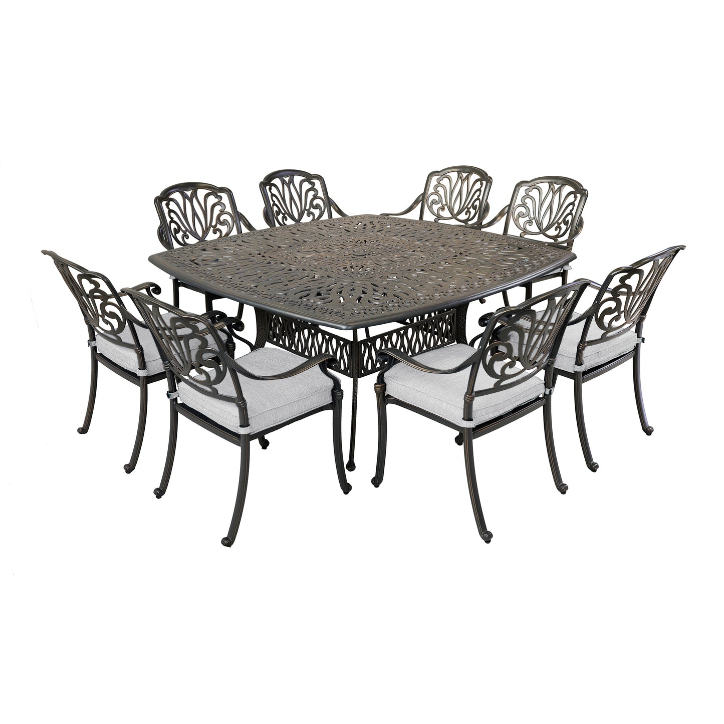 Otero 9 Pc 64" Aluminum Square Dining Set with Cushions - Silver