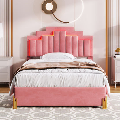 Neco Full Size Platform Bed with LED and 4 Drawers - Pink