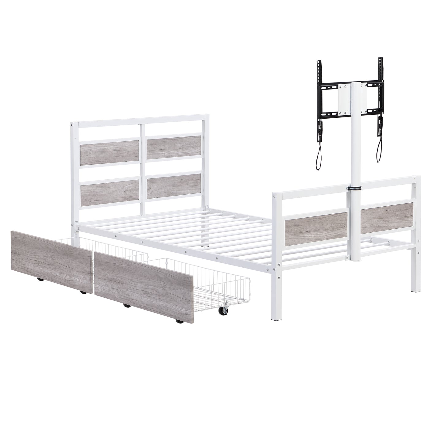 Rosy Twin Size Metal Platform Bed w Rotatable TV Stand - White