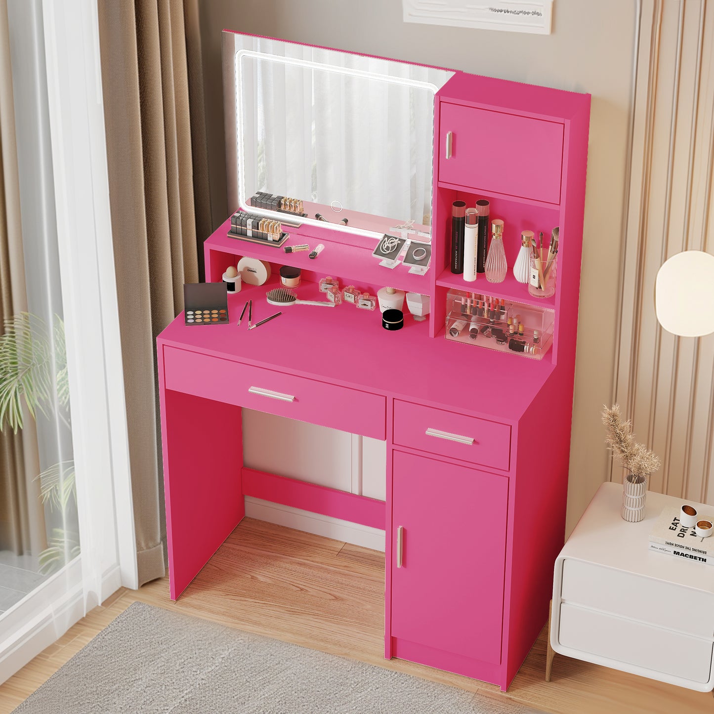 Alyssa Vanity Desk with Mirror and LED Light Strip - Rose Pink