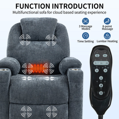 Okin Power Lift Chenille Recliner with Massage & Heat - Blue