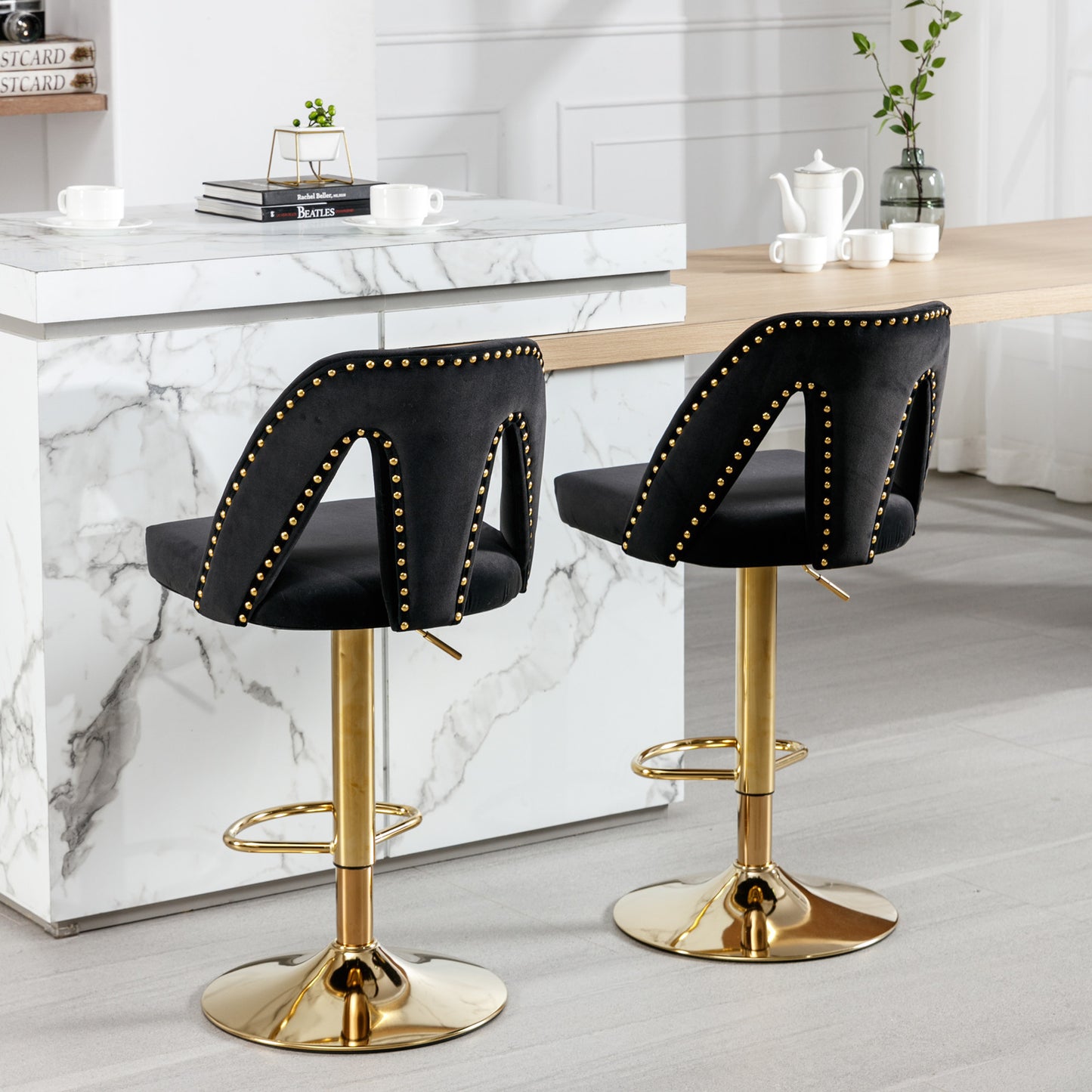 Nadia Velvet Adjusatble Seat  Bar Stool - Black Set of 2