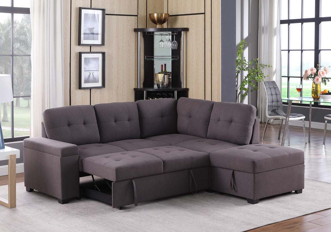 Katie Linen Sleeper Sectional Sofa with Storage Ottoman - Brown