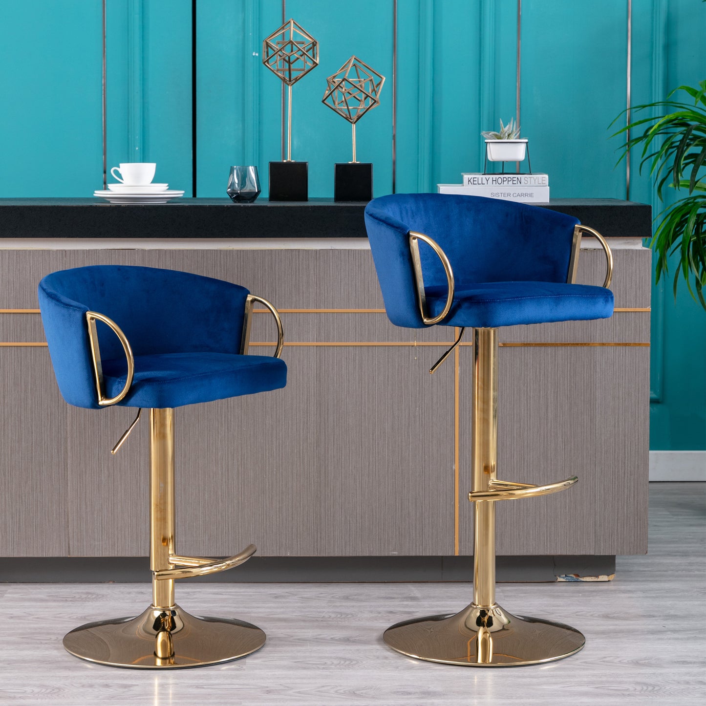 Echoes Velvet Swivel Bar Stools -  Navy Blue Set of 2