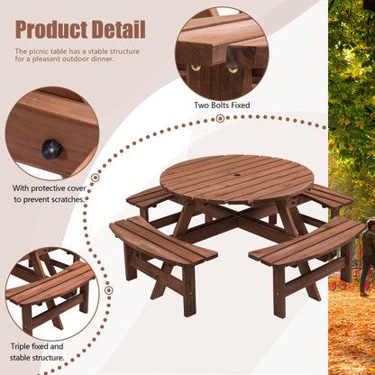 Nix 8-Person Circular Outdoor Wooden Picnic Table - Brown