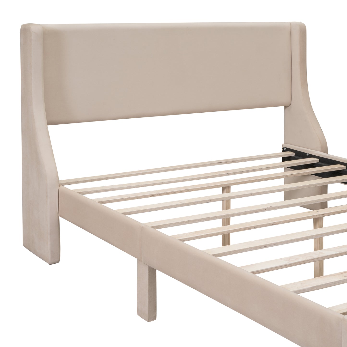 Renni Queen Size Velvet Platform Bed Frame with Drawer - Beige