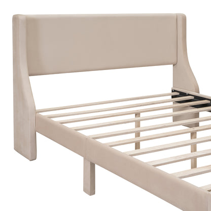 Renni Queen Size Velvet Platform Bed Frame with Drawer - Beige