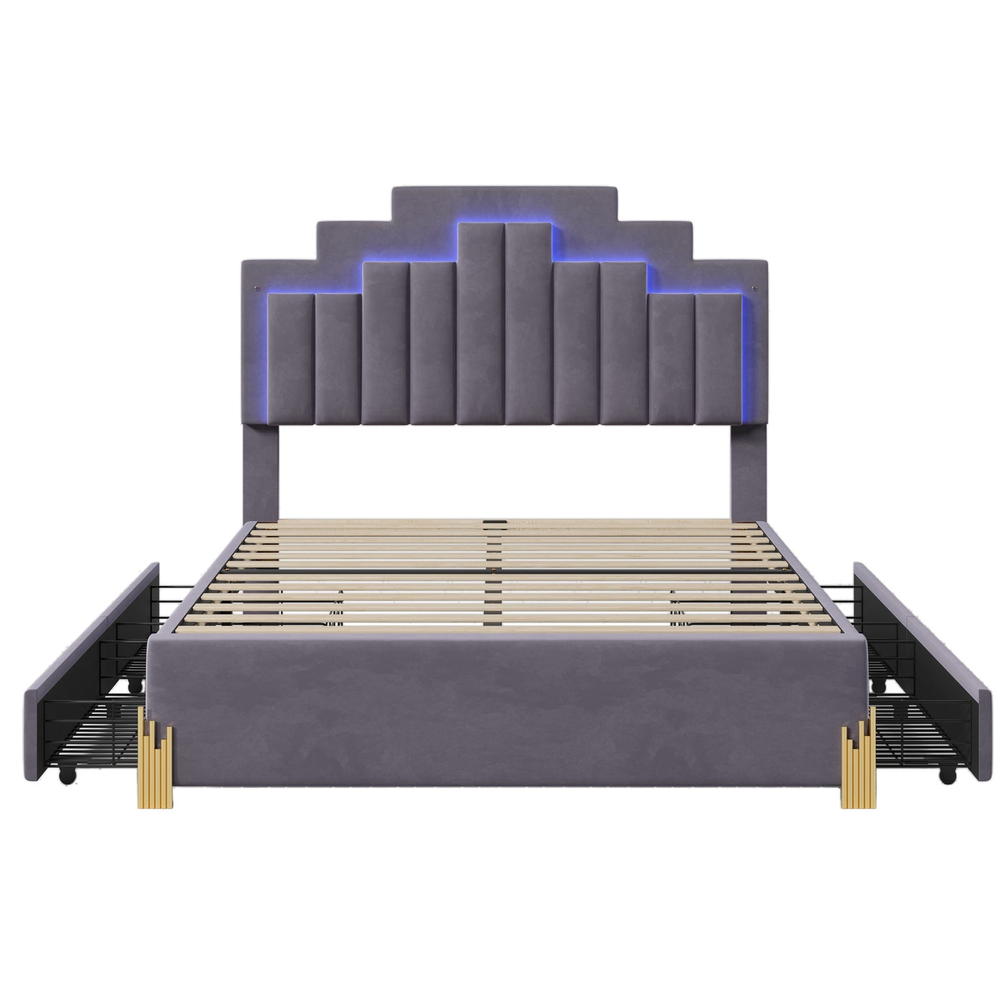 Neco Full Size Platform Bed with LED and 4 Drawers - Gray