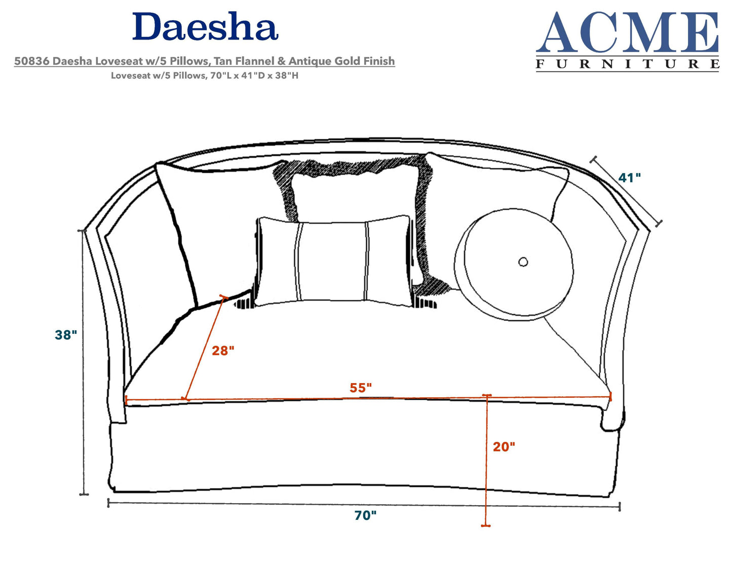 Daesha Loveseat w/5 Pillows - Gold