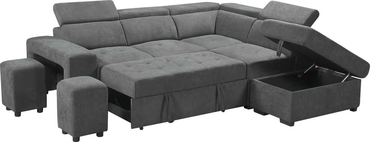 Henrik Sleeper Sectional Sofa with Storage Ottoman and 2 Stools - Light Gray