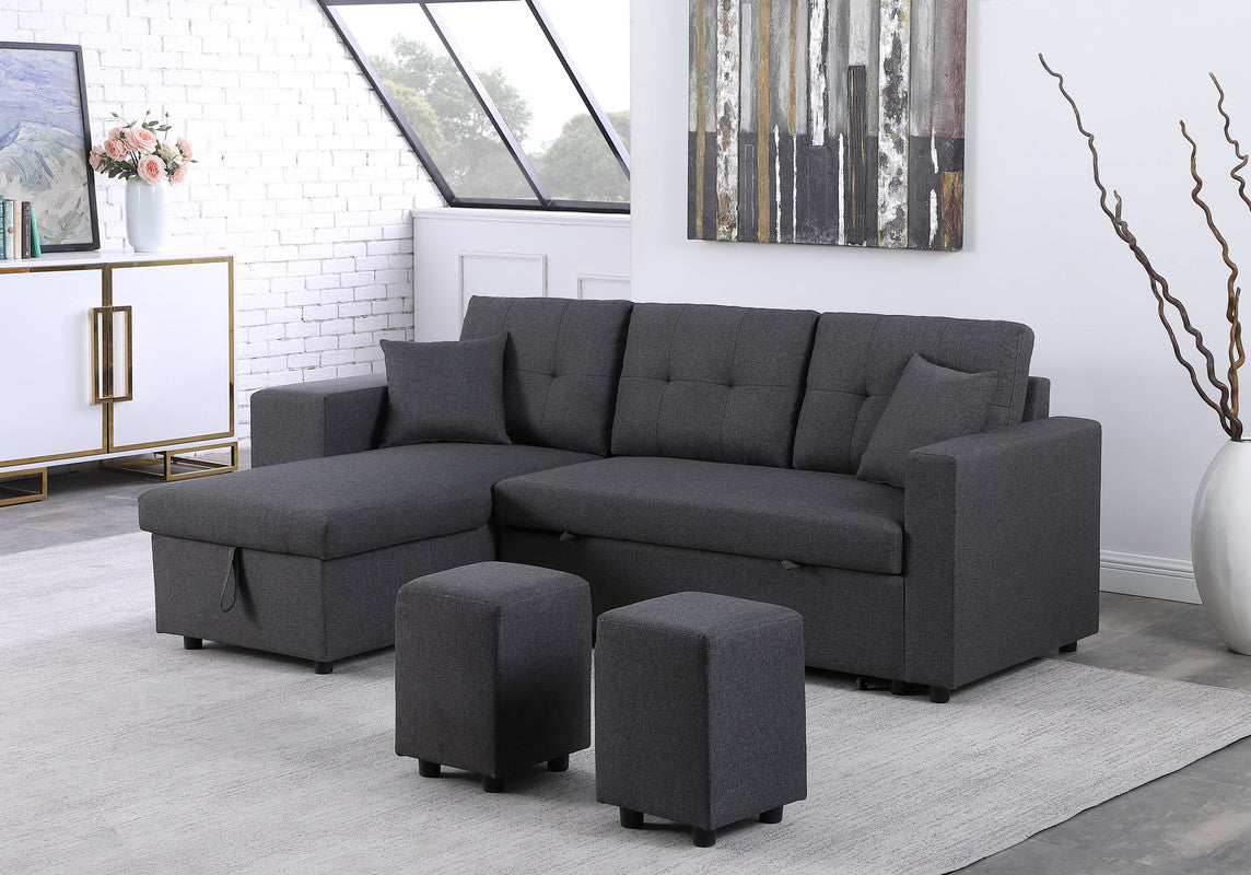 Dennis Fabric Reversible Sleeper Sectional with Storage Chaise and 2 Stools - Dark Gray