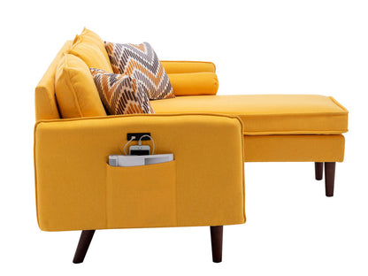 Mia Sectional Sofa Chaise with USB Charger & Pillows - Yellow