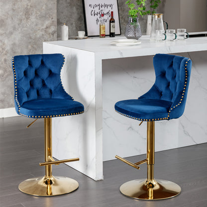 Stellar Golden Swivel Velvet Barstools Adjusatble Height - Blue  Set of 2