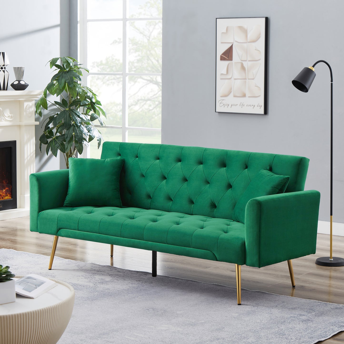 Tasa Velvet Futon Sofa Bed with Metal Legs & 2 Pillows - Green