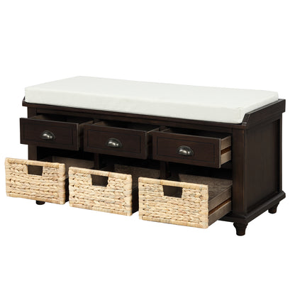 Rustic Storage Bench with 3 Drawers and 3 Rattan Baskets - Espresso