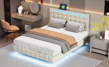 Marc Queen Size Floating Bed Frame with LED - Beige