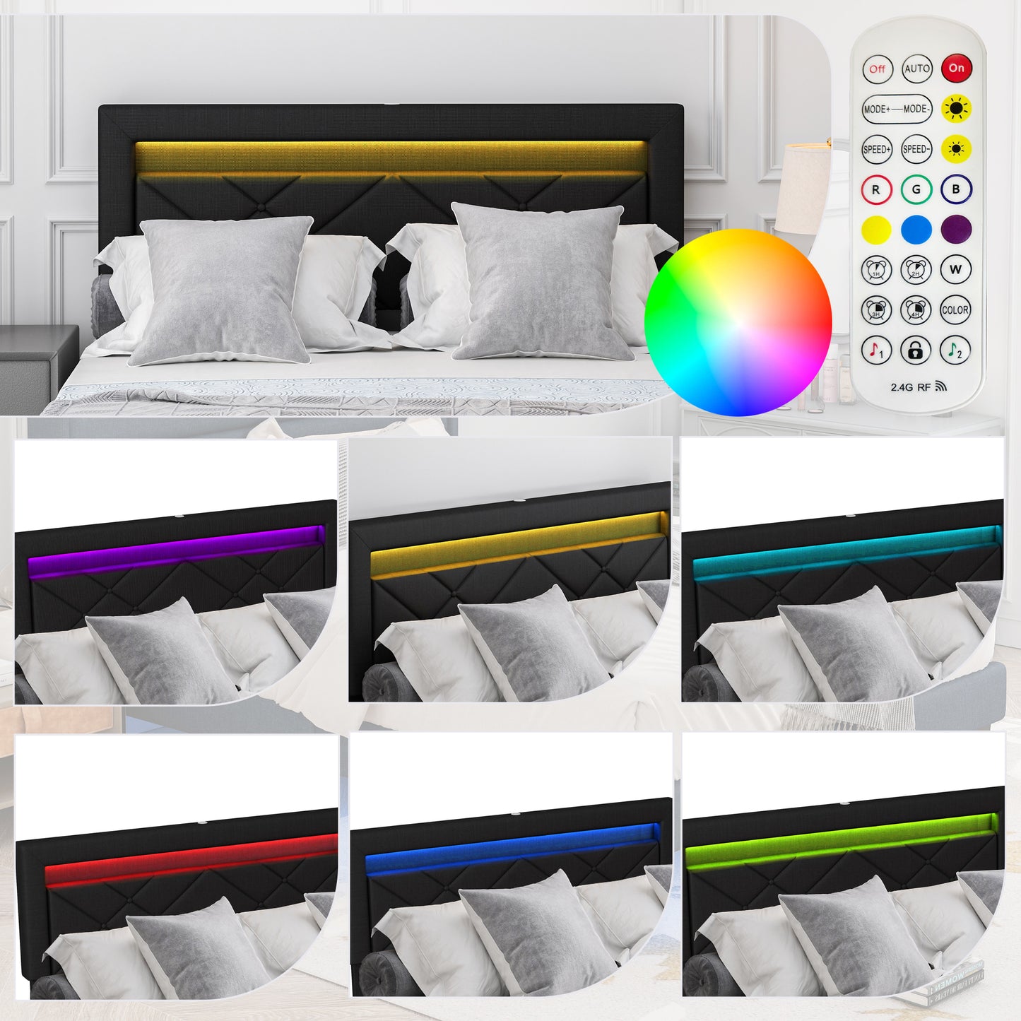 H1 Queen Size Bedframe with LED - Dark Black