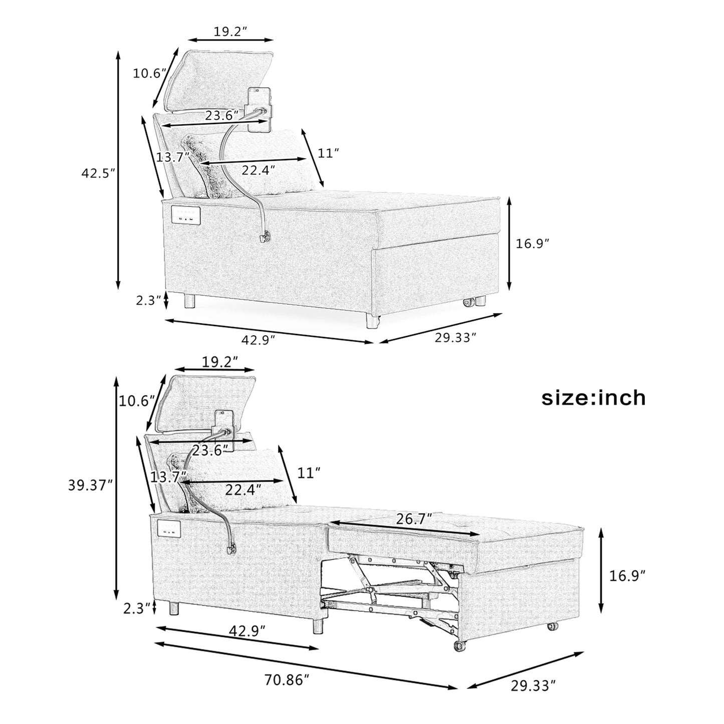 Trio Reclining Sleeper Sofa Bed - Black