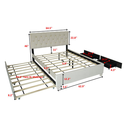 Ella Queen Size Metal Platform Bed Frame with Trundle - Beige