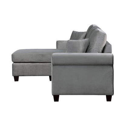 Yuki Reversible  Sectional Velvet Sofa w 2 Pillows - Gray