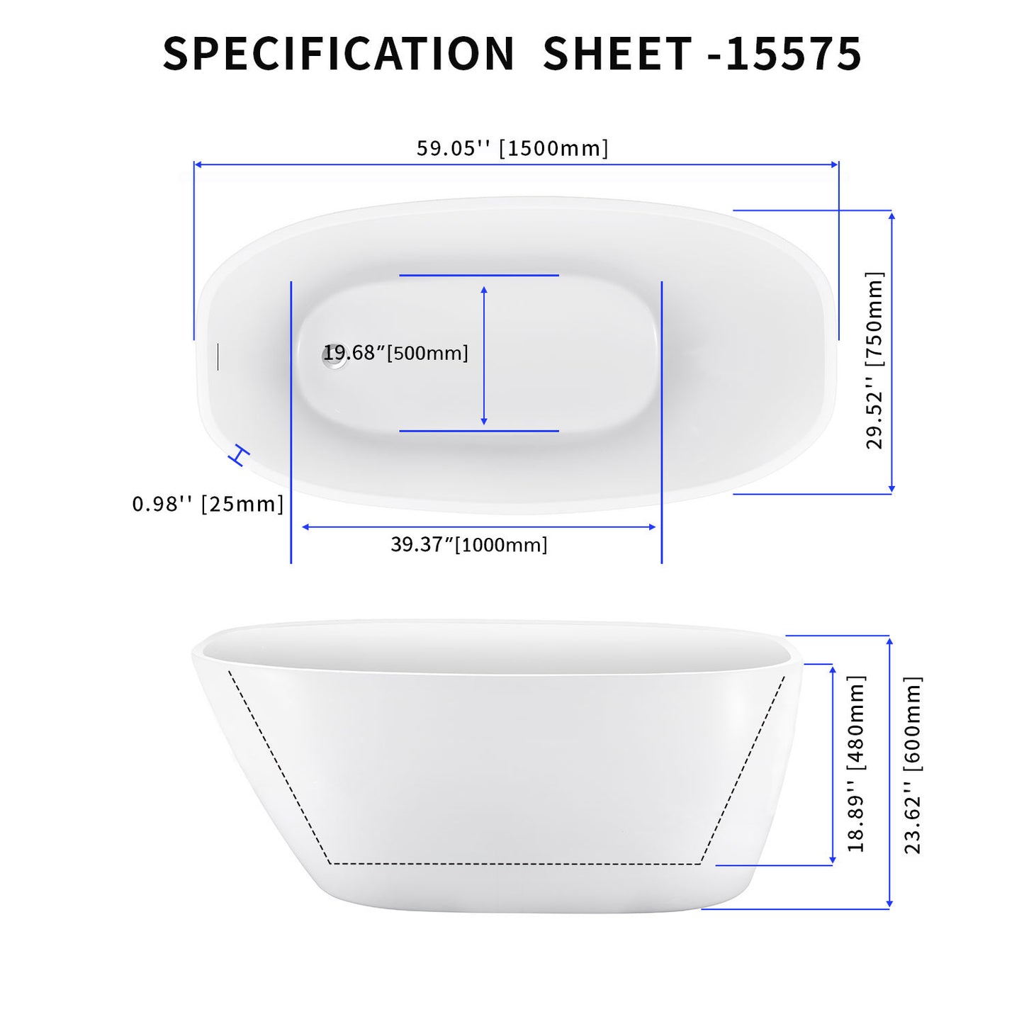 Vida 59" Acrylic Freestanding Soaking Bathtub  - White