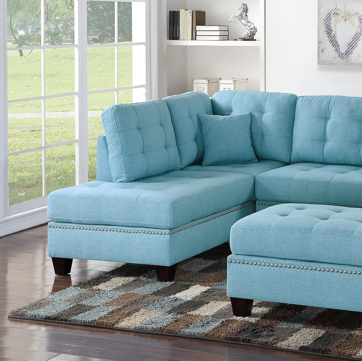 Amara 3pcs Sectional Reversible Chaise Sofa And Ottoman - Blue