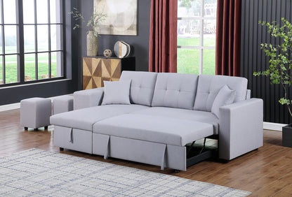 Dennis Fabric Reversible Sleeper Sectional with Storage Chaise and 2 Stools - Light Gray