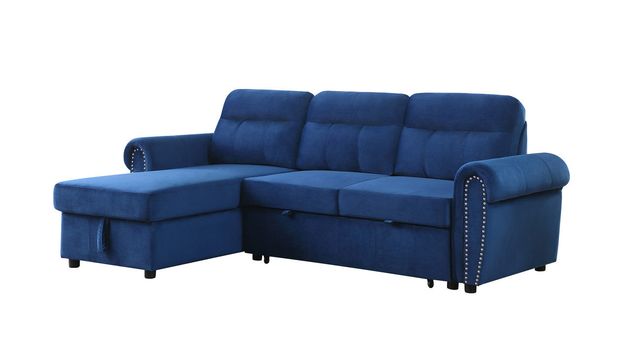 Ashton Velvet Fabric Reversible Sleeper Sectional Sofa Chaise - Blue