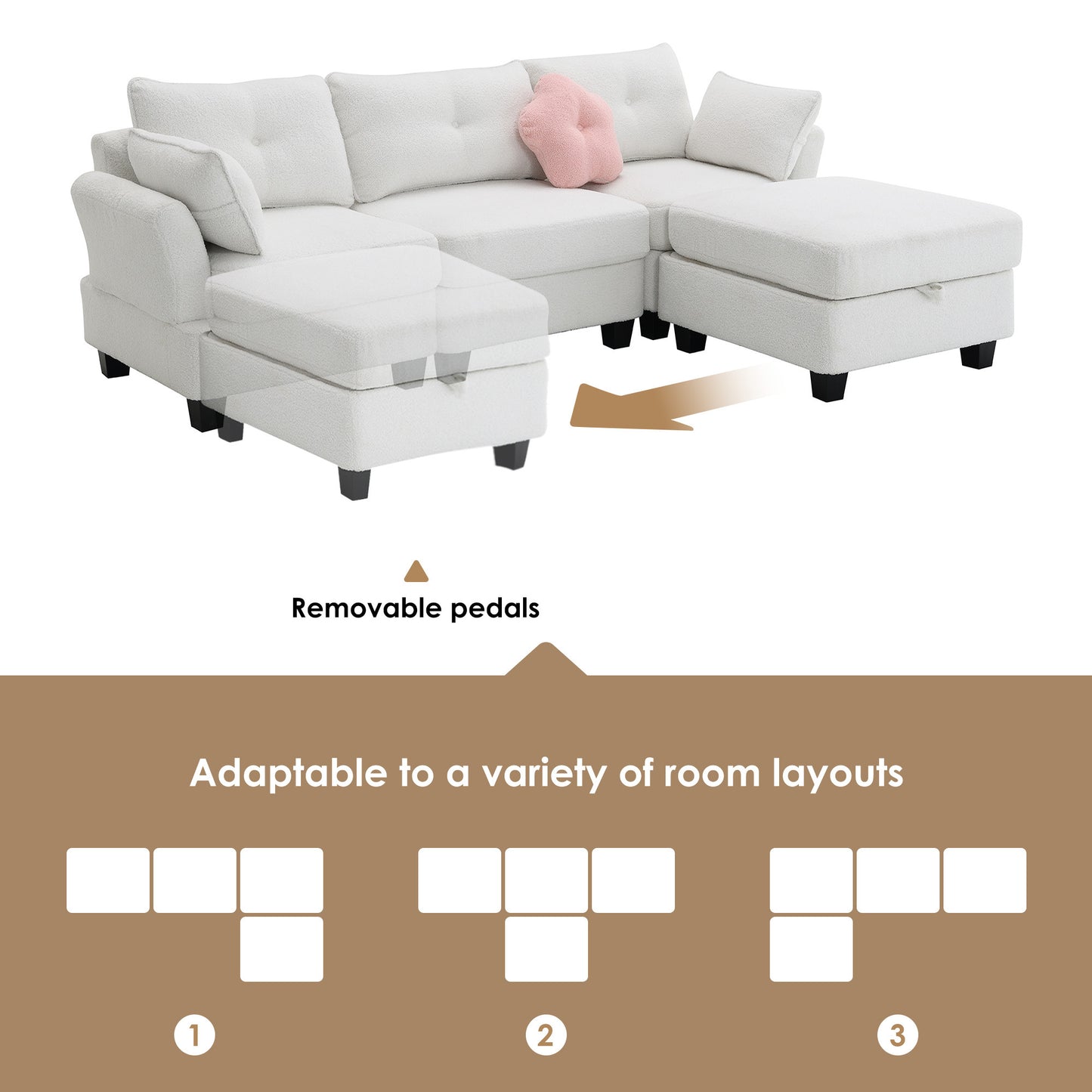 Fayen Velvet Sectional Sofa with Storage Ottoman - Beige