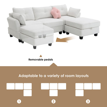 Fayen Velvet Sectional Sofa with Storage Ottoman - Beige