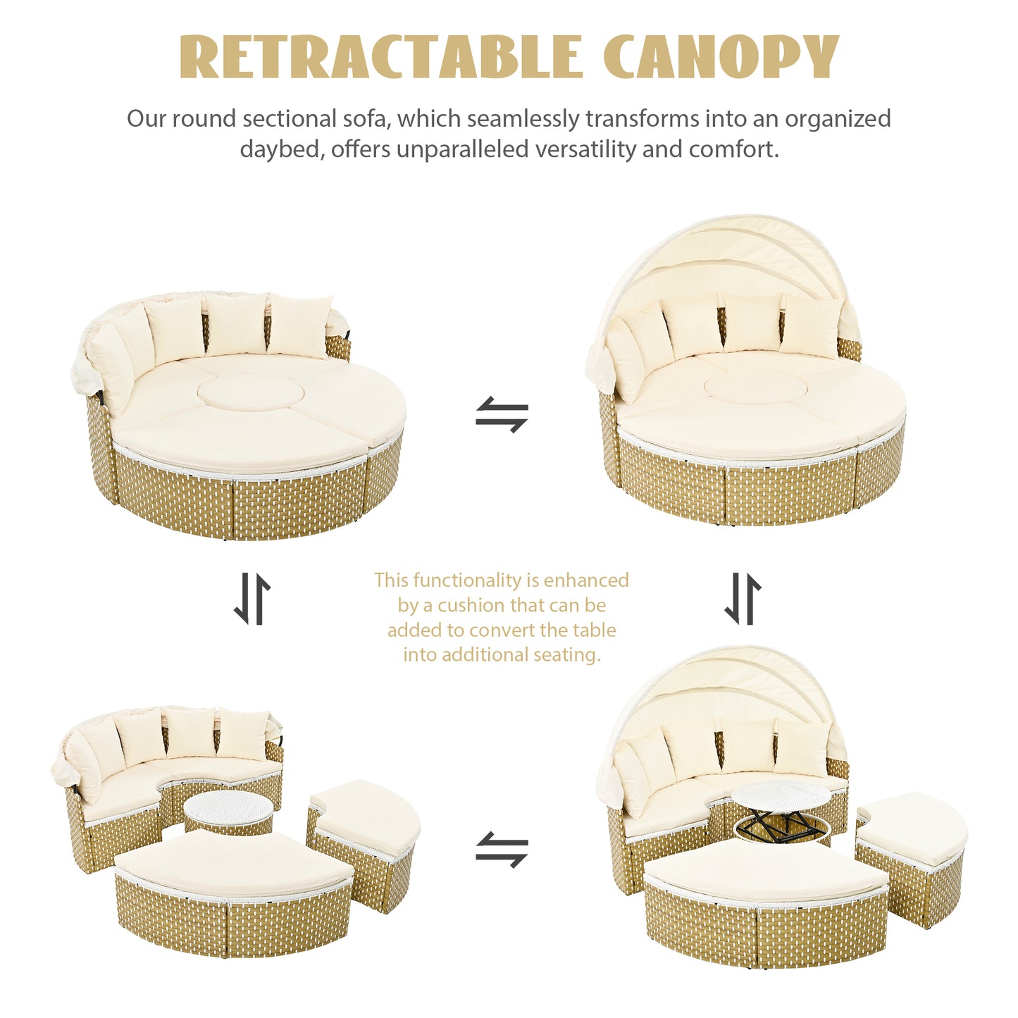 Malena 5 Pc Round Rattan Sectional Sofa Set with Retractable Canopy - Beige