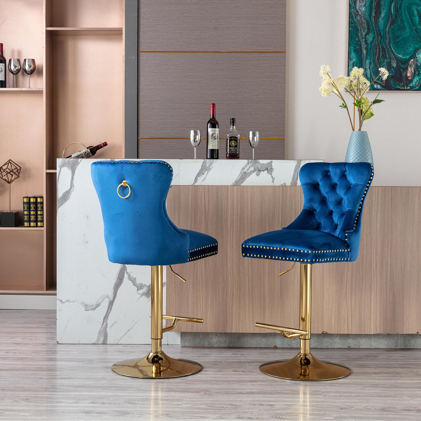 Amias Velvet Counter Height Bar Stools with Tufted  - Navy Blue Set of 2