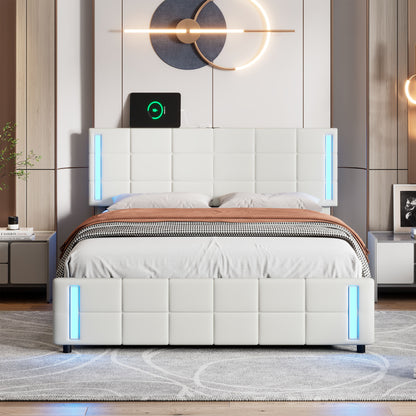 Bot Queen Size Platform Bed with LED - White