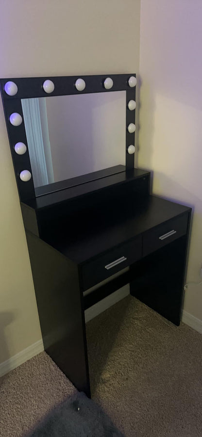 Neve Vanity Desk with Mirror and Lights - Black