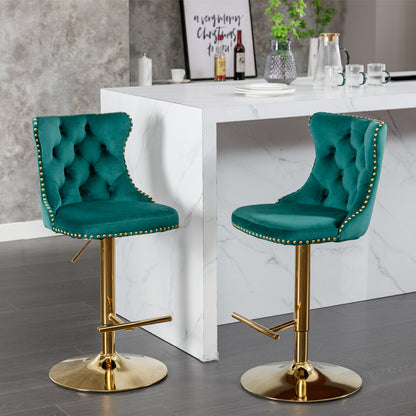 Stellar Golden Swivel Velvet Barstools Adjusatble Height - Green  Set of 2