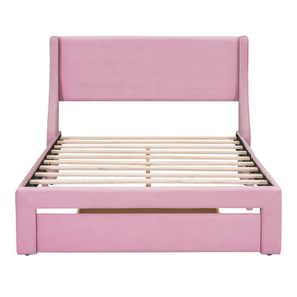 Renni Full Size Velvet Platform Bed Frame with Drawer - Pink