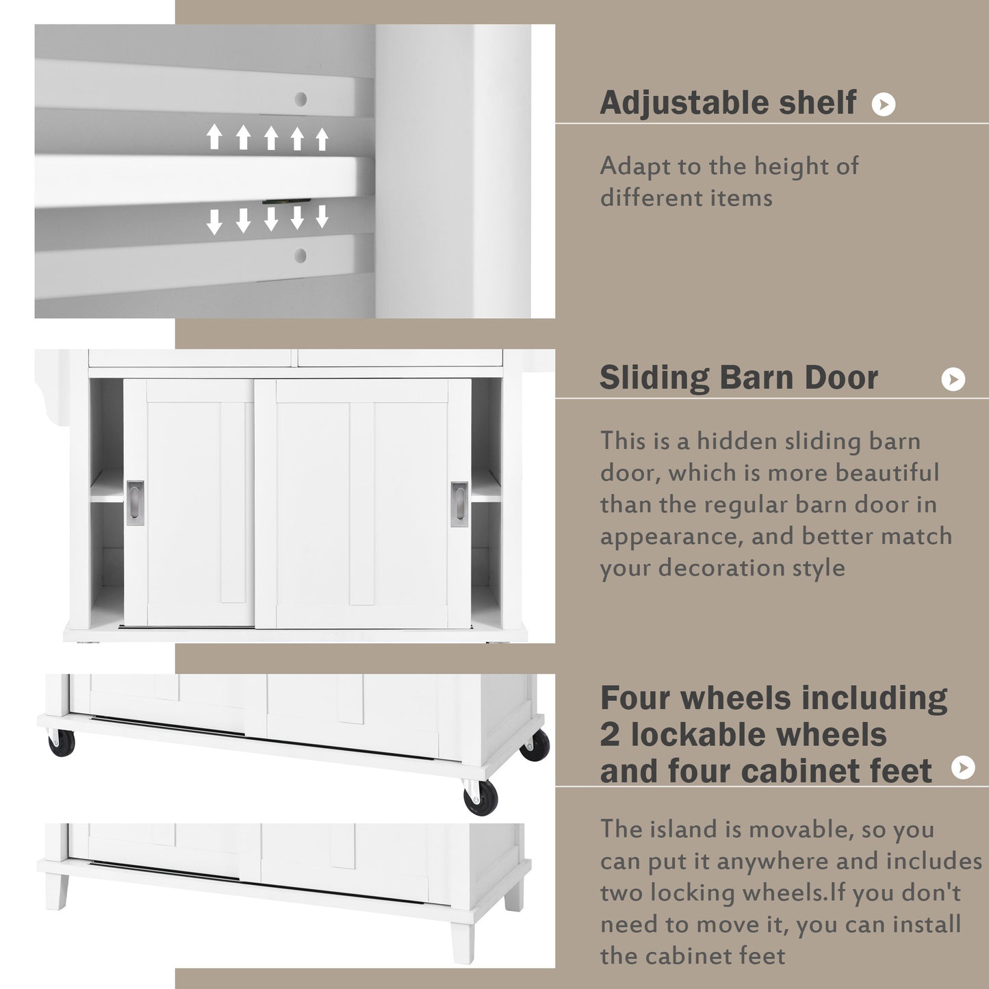 Culinary  Kitchen Cart with Countertop With Barn Door - White