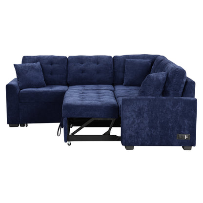 Novak L-shape Sofa Bed Pull-out Sleeper Sofa with Wheels - Navy Blue