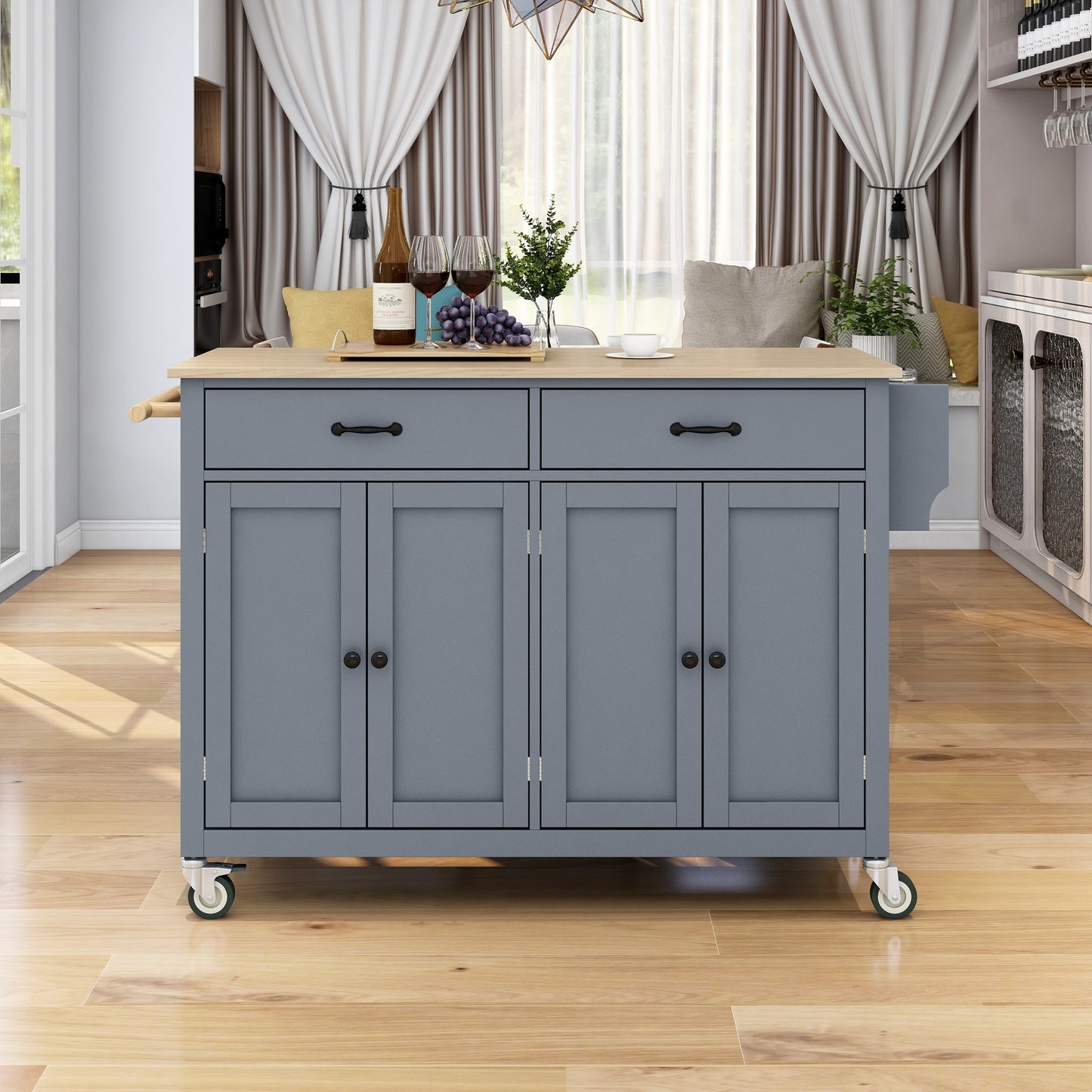 Granite Kitchen Island Cart with Solid Wood Top and Locking Wheels - Grey Blue