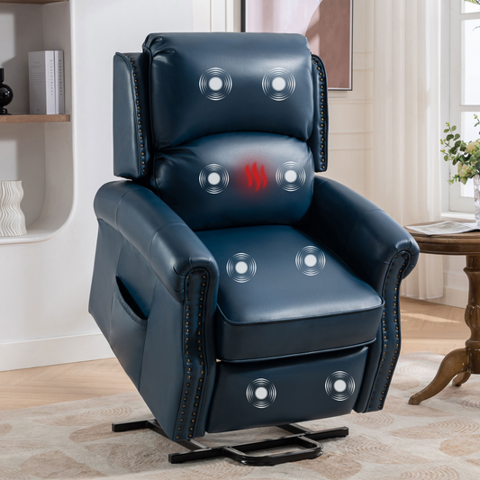 Emery II Electric Power Recliner Chair with Massage And Heating - Navy Blue