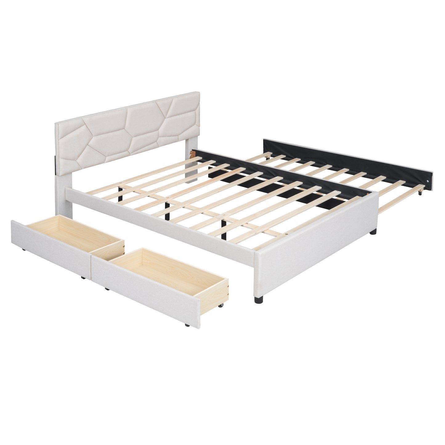 Brick Queen Size Platform Bed with 2 drawers and Twin Size Trundle - Beige