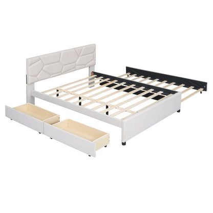 Brick Queen Size Platform Bed with 2 drawers and Twin Size Trundle - Beige